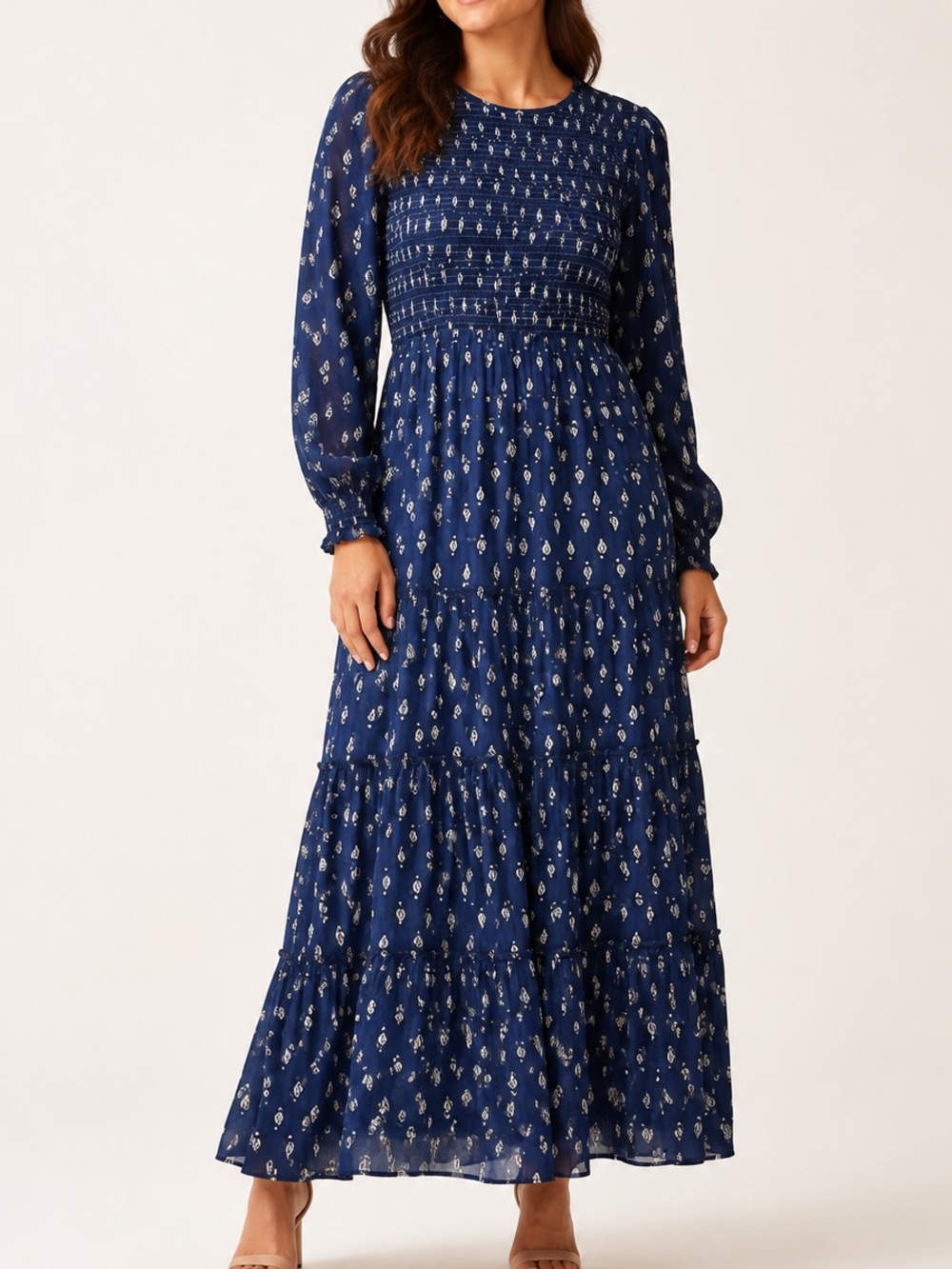 Madison Mathews Navy Smocked Bodice Maxi Dress Sz. L
